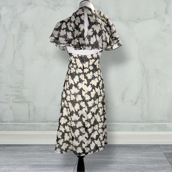 Vintage 70s Backless Halter Midi Dress Size 6 Black Leaf Print Neck Drape - Picture 3 of 15